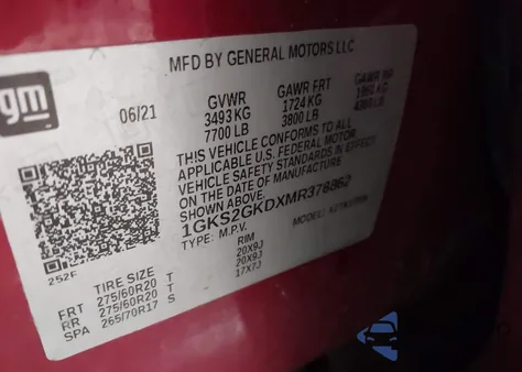 2021 GMC Yukon Xl 4Wd Slt из США, поврежденный, VIN 1GKS2GKDXMR378862